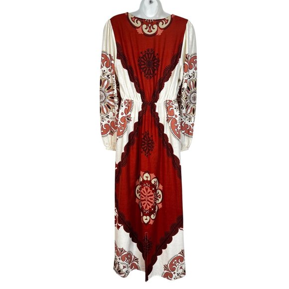 Marfinno Linen Medallion Maxi Dress Long Sleeve Cream Orange Medium - Picture 13 of 16